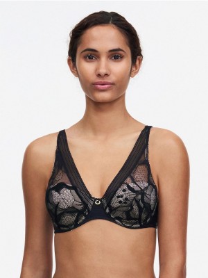 Black Chantelle True Lace Comfort Plunge Women Bras | UAK8717TP
