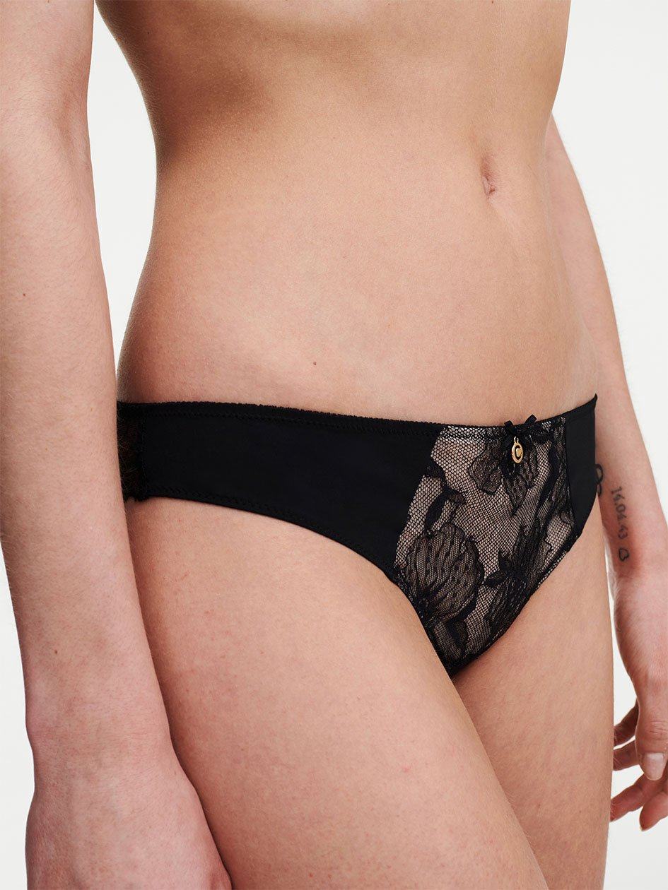 Black Chantelle Orchids Women Thong Panty | TGX6381IX
